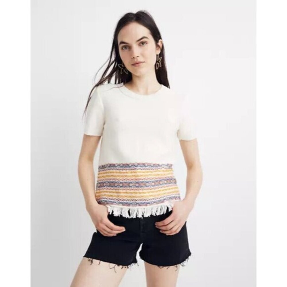 Madewell Fringed Jacquard Sweater Tee Short Sleeve Knit Top Ivory SZ XS New